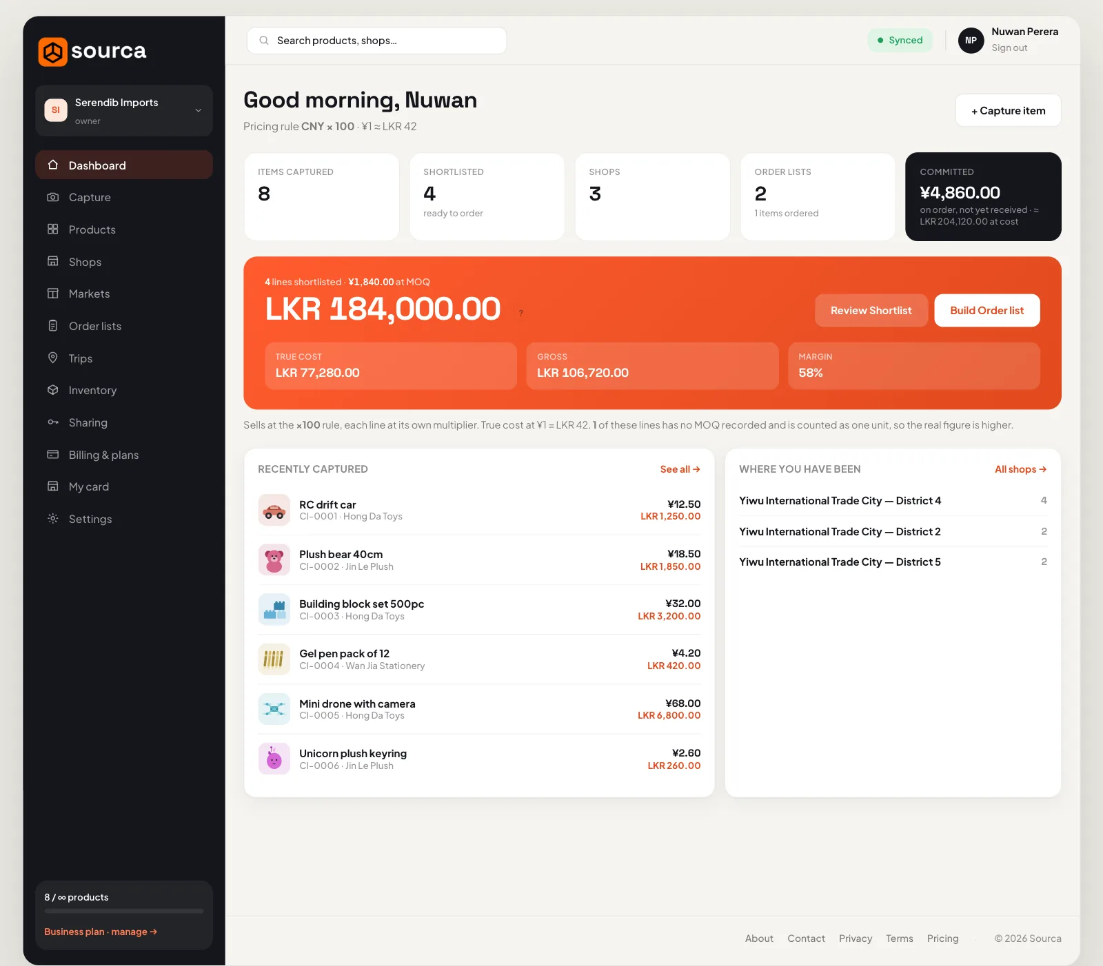 The sourca dashboard on desktop: shortlist value, true cost, margin and recently captured products