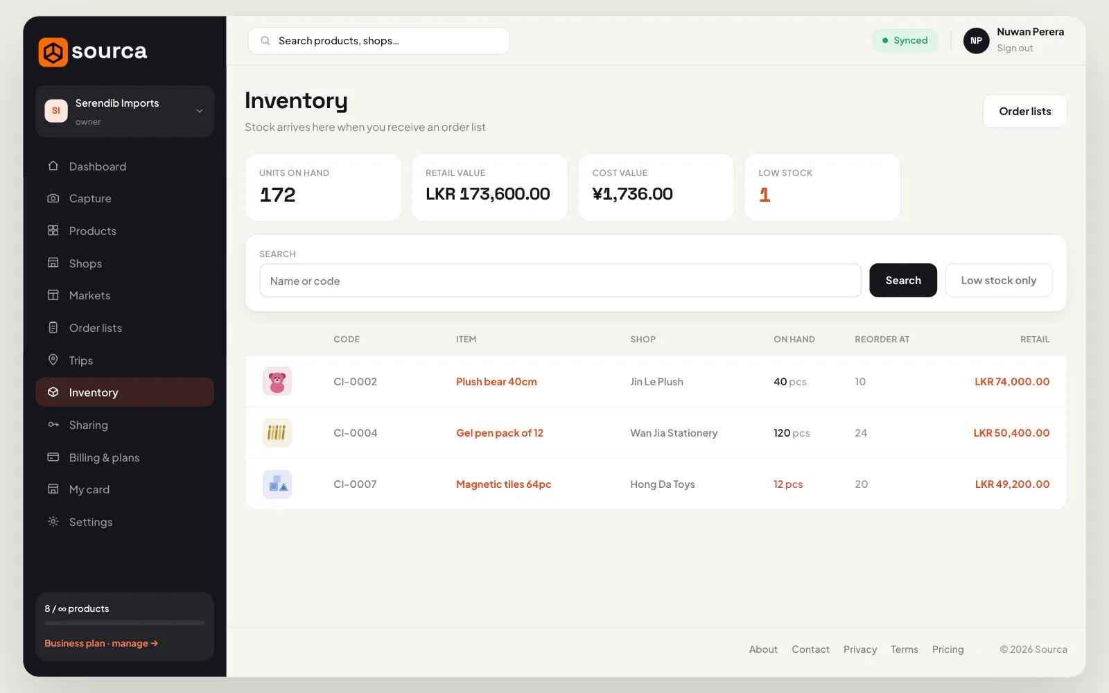 Desktop inventory with goods received into stock