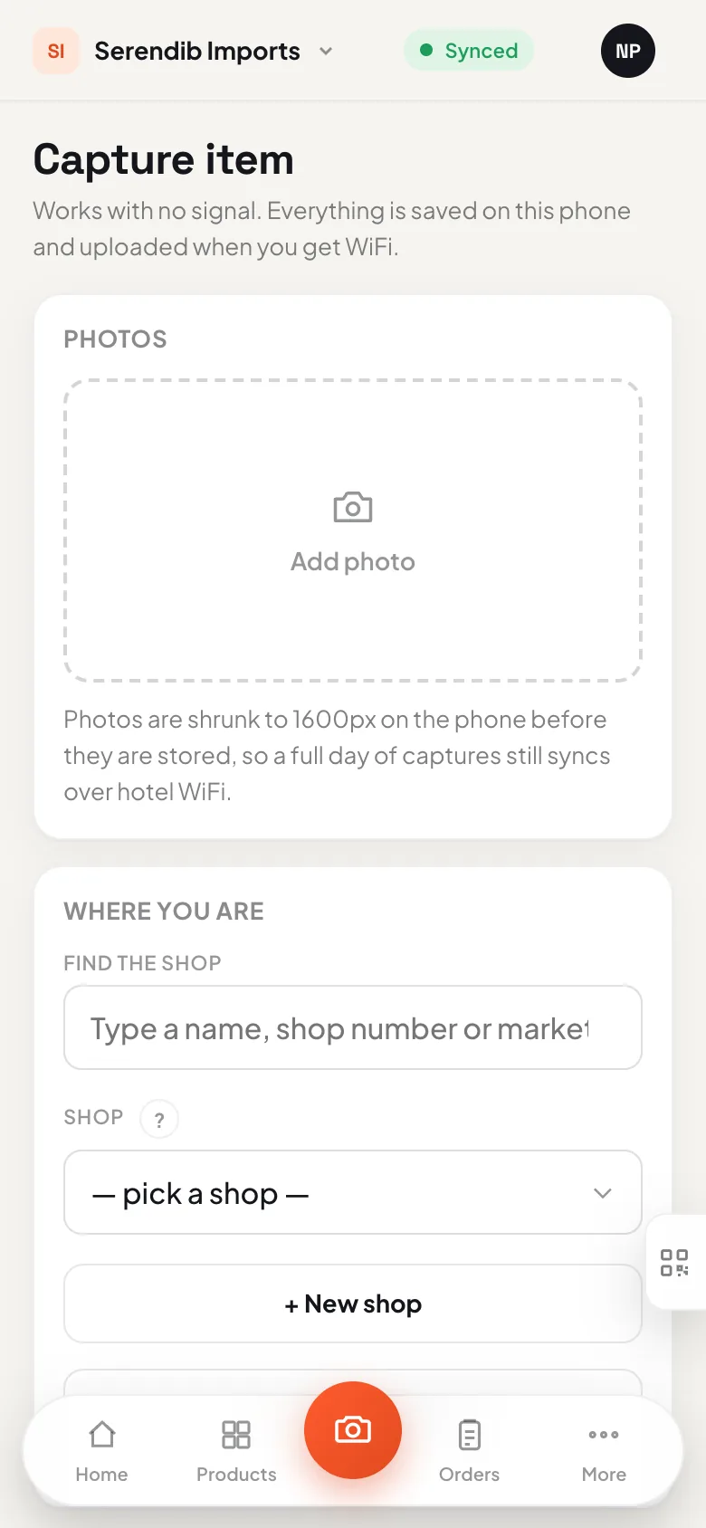 The sourca capture screen on an iPhone with no signal: photo, shop and price, saved on the phone